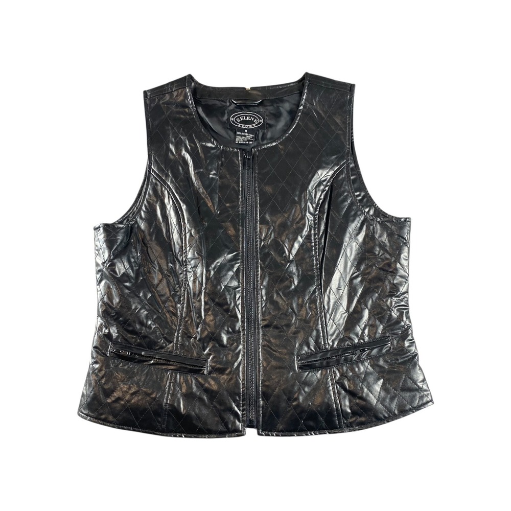 Selene Sport Quilted Faux Leather‎ Zip Up Vest Black Size Medium